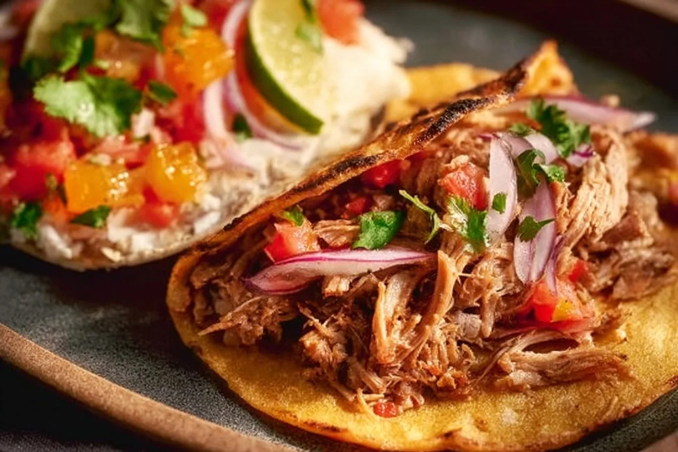 Delicious slow cooker Cuban pork dish served with rice and black beans