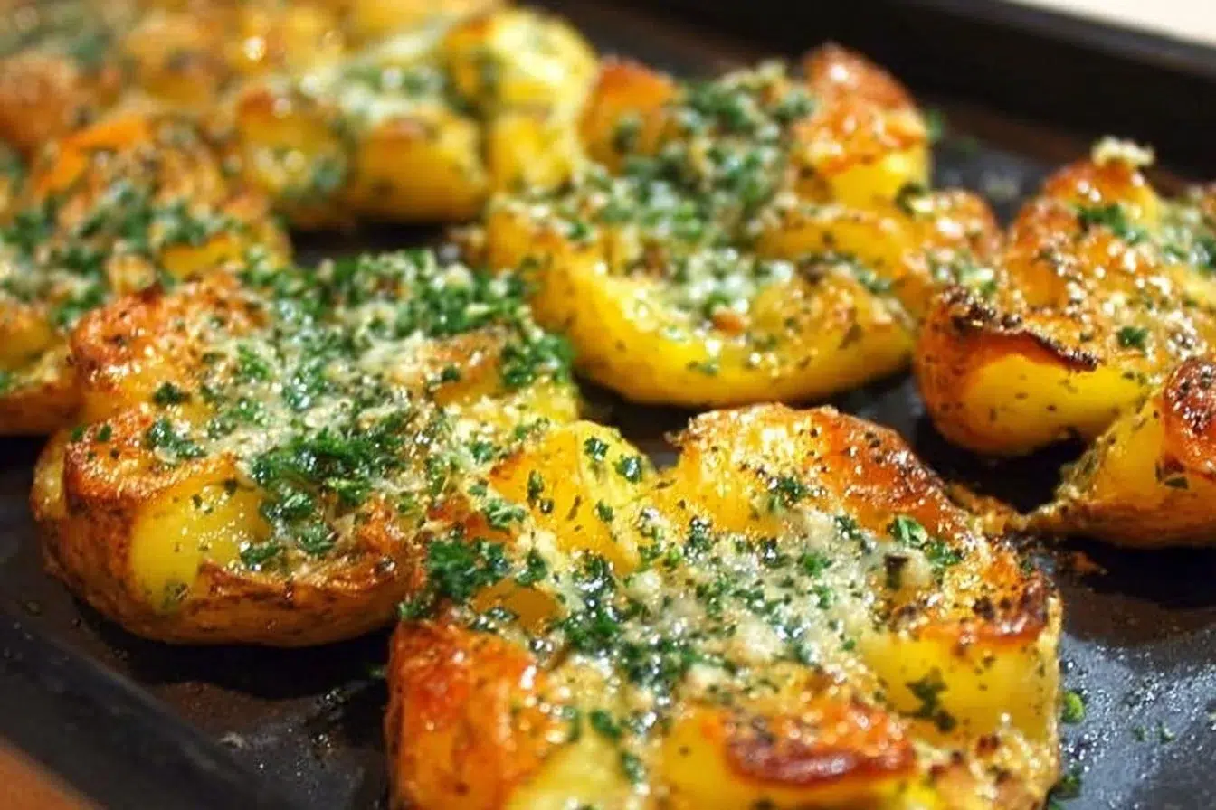 Delicious smashed potatoes topped with garlic and herb butter