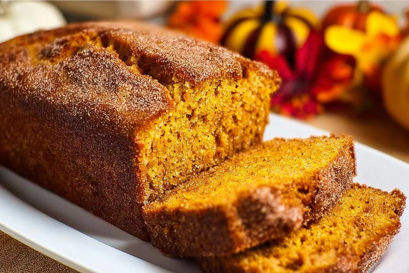 Slice of Snickerdoodle Pumpkin Bread with cinnamon on a wooden table