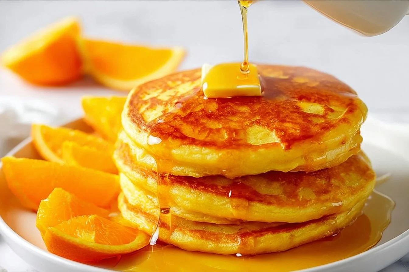 Stack of soft and fluffy orange pancakes garnished with orange slices