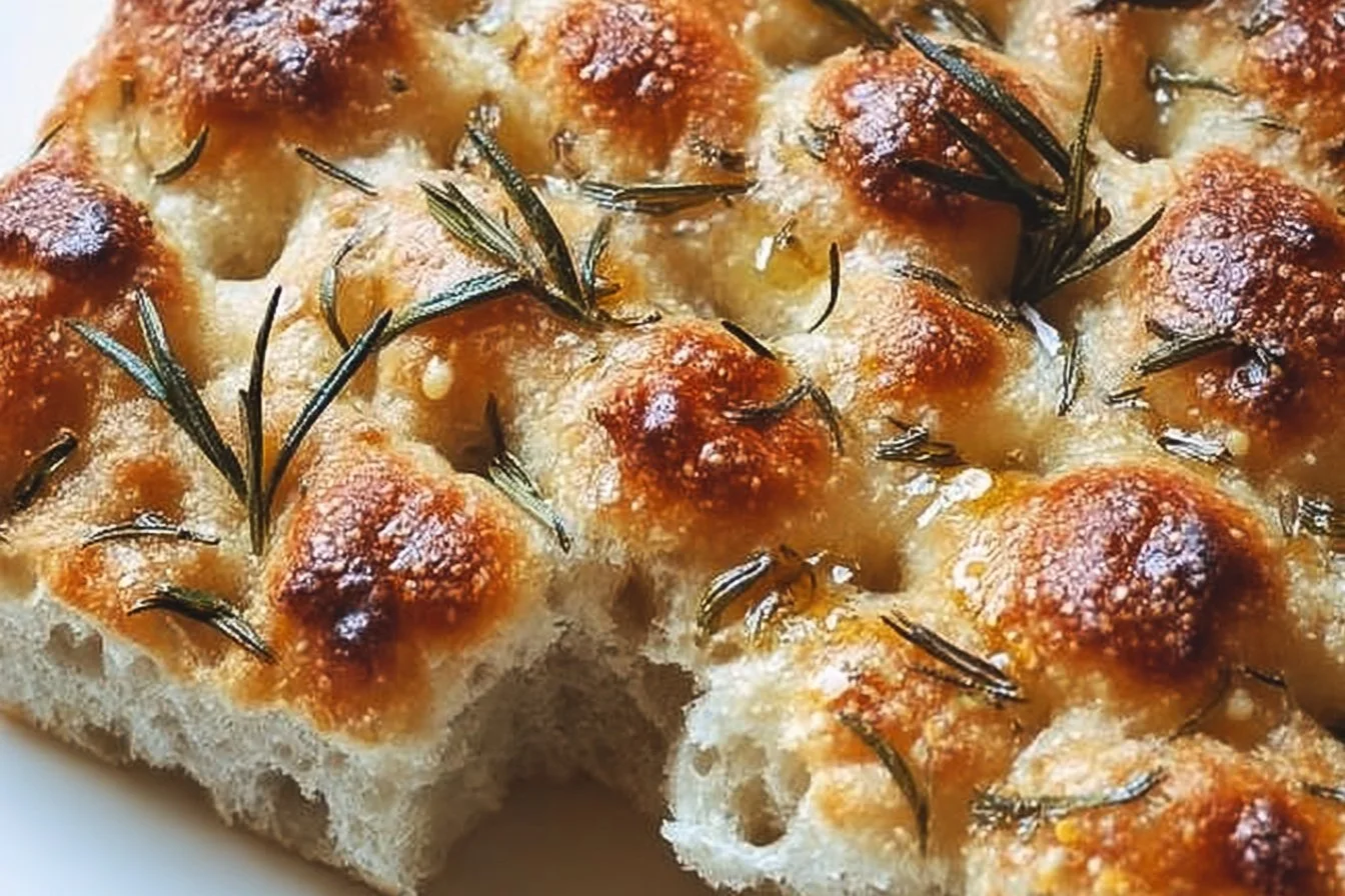 Freshly baked Sourdough Focaccia with herbs and olive oil