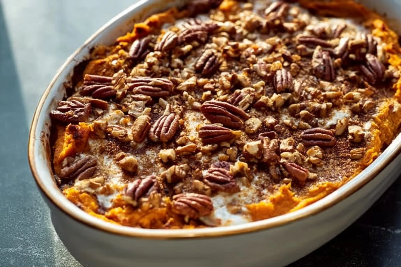 Delicious Southern Maple Sweet Potato Casserole topped with marshmallows and pecans.