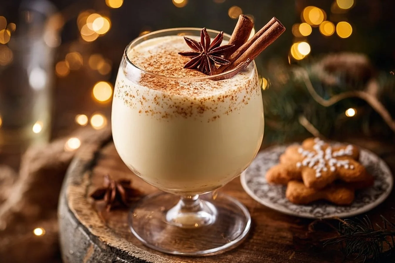 A glass of spiced rum eggnog garnished with cinnamon and nutmeg