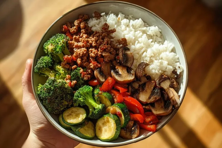 Spicy ground beef stir-fry bowl with garlic vegetables and rice