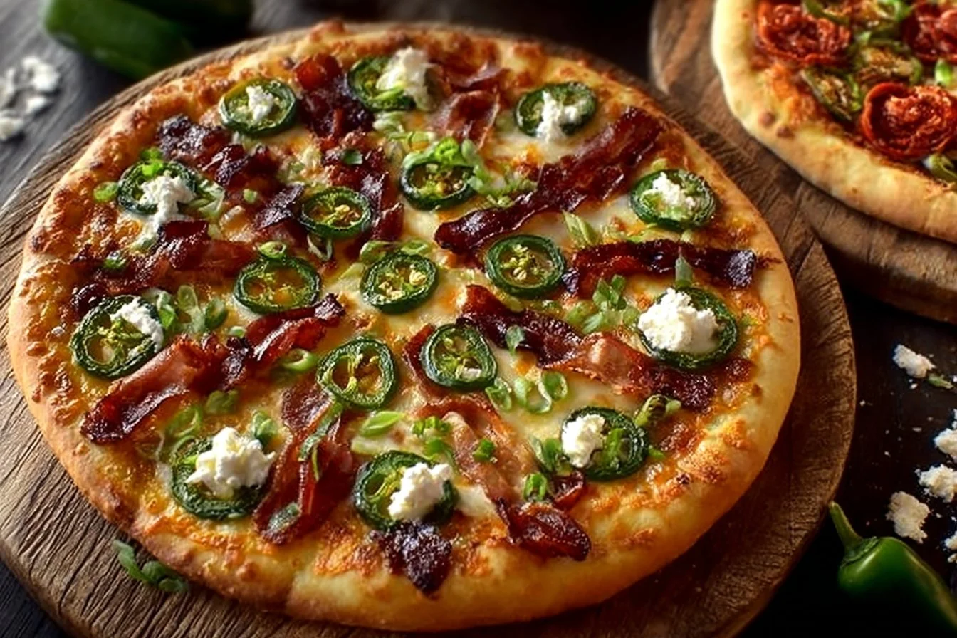 Delicious spicy jalapeno popper pizza topped with cream cheese and jalapenos.