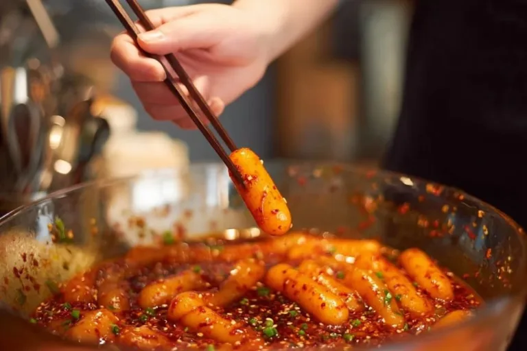 Bowl of spicy potato noodles garnished with fresh herbs and chili peppers.
