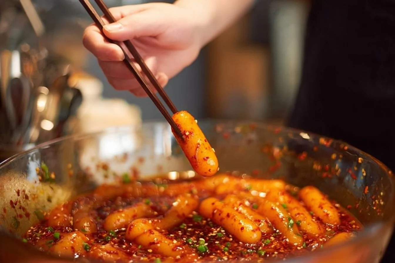 Bowl of spicy potato noodles garnished with fresh herbs and chili peppers.