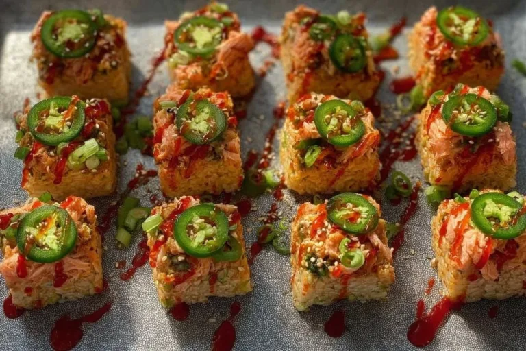 Spicy salmon crispy rice dish with vibrant toppings