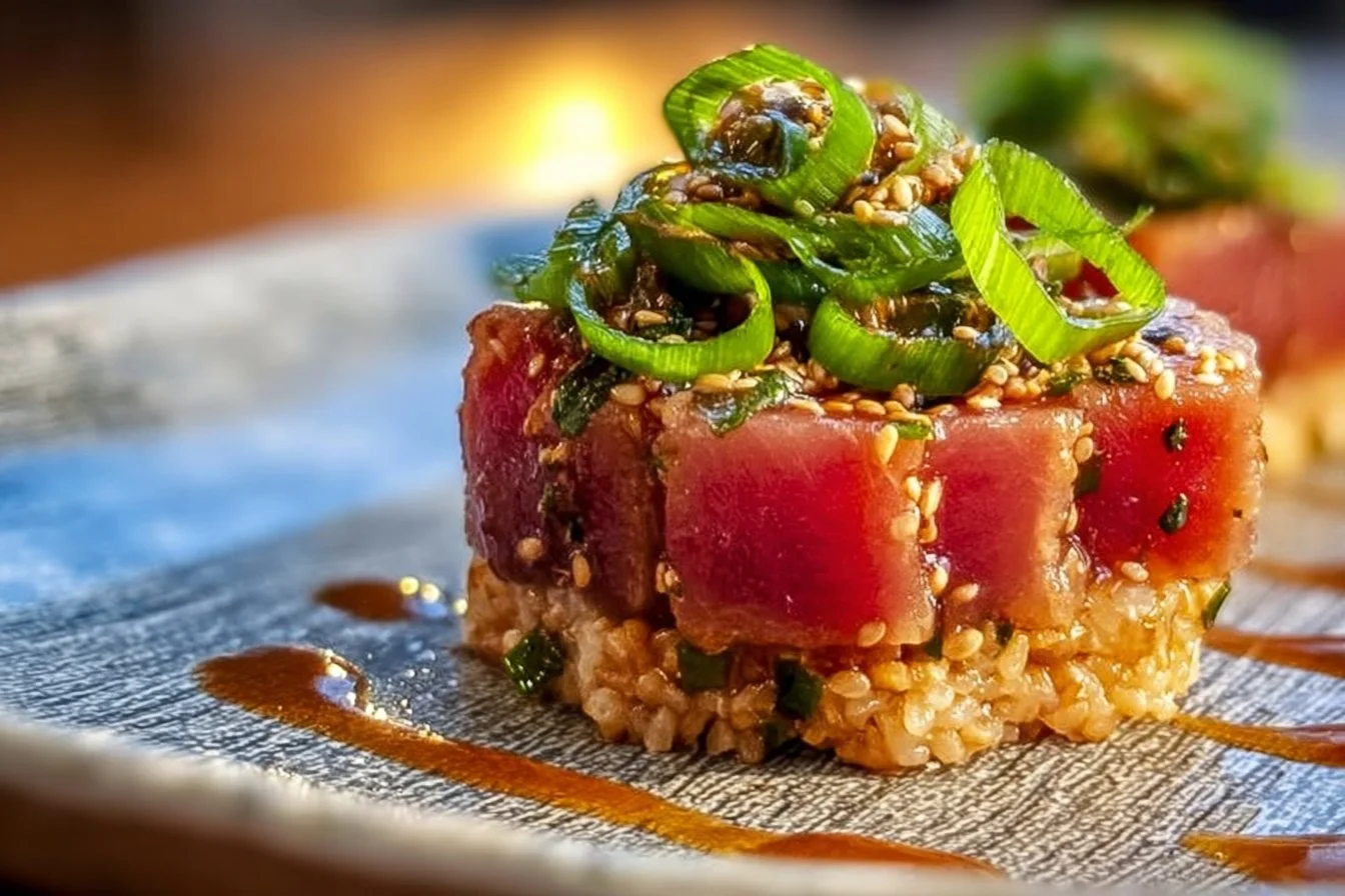 Delicious spicy tuna served on crispy rice with garnishes