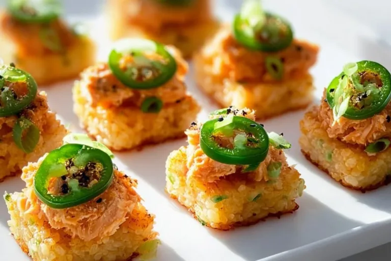 Spicy tuna crispy rice appetizer topped with avocado and sesame seeds
