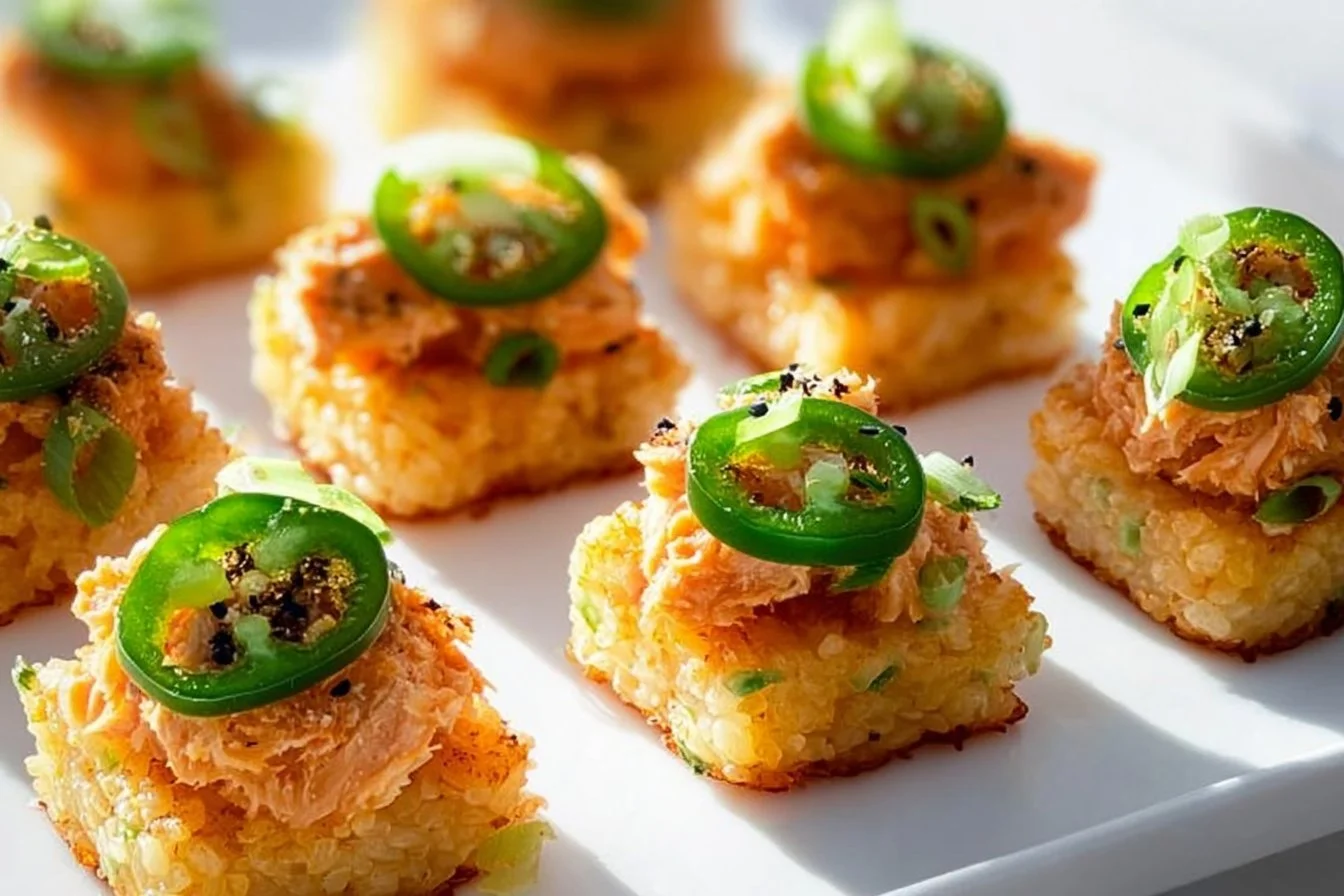 Spicy tuna crispy rice appetizer topped with avocado and sesame seeds