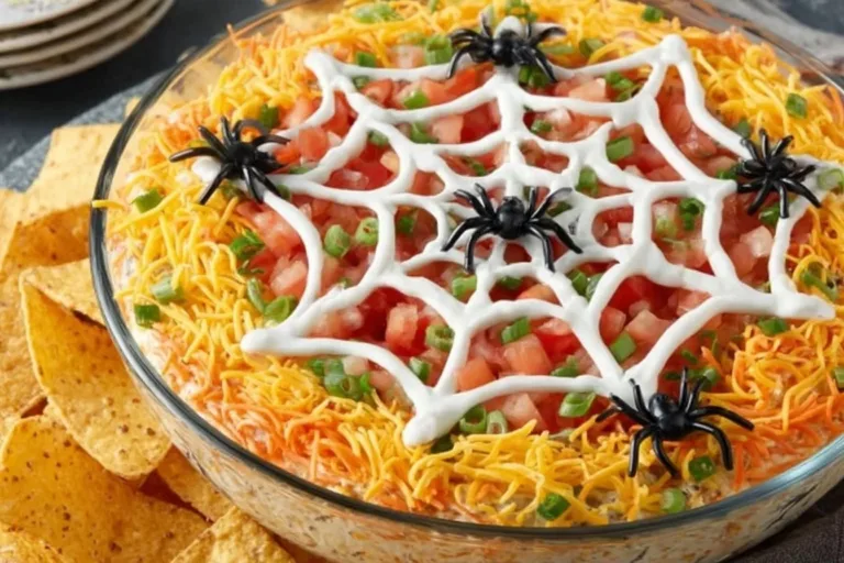 Colorful Spiderweb Seven-Layer Dip served in a festive dish