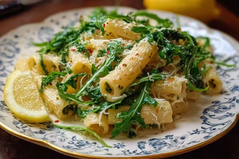 Creamy lemon ricotta pasta with arugula inspired by Stanley Tucci's recipe.