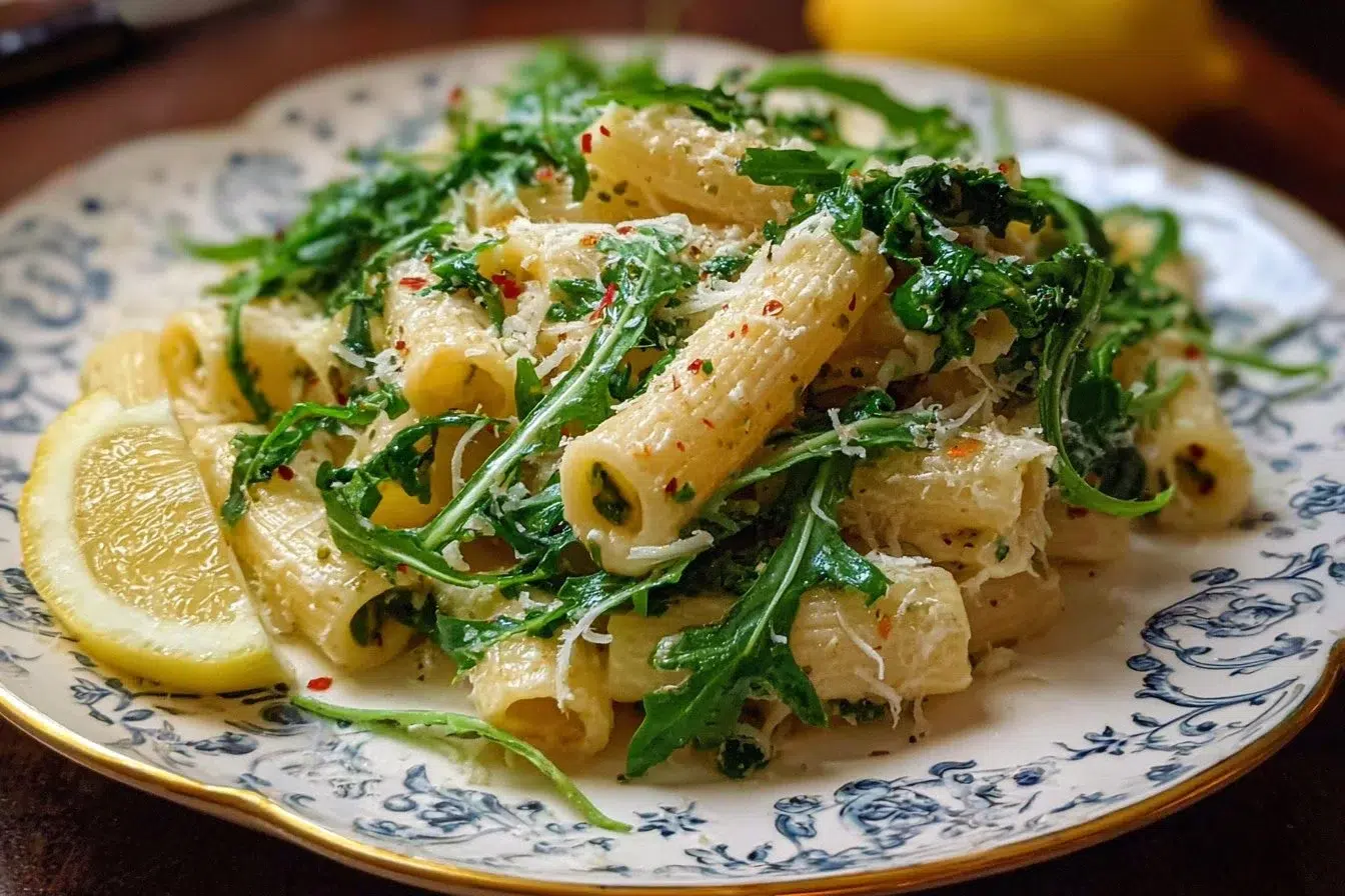 Creamy lemon ricotta pasta with arugula inspired by Stanley Tucci's recipe.
