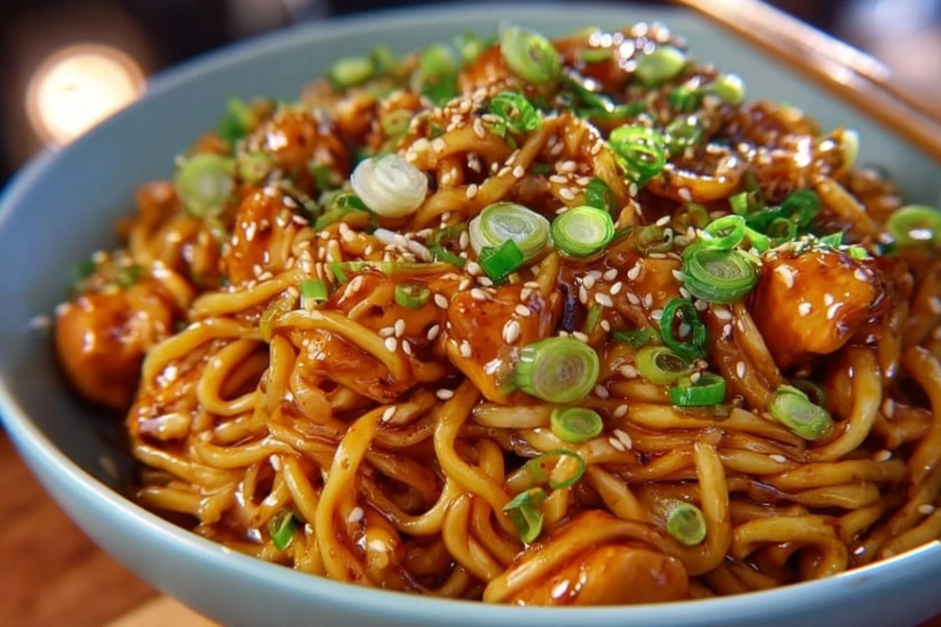 Delicious Sticky Garlic Chicken Noodles garnished with green onions.