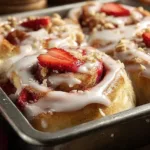 Strawberry cheesecake cinnamon rolls topped with cream cheese frosting