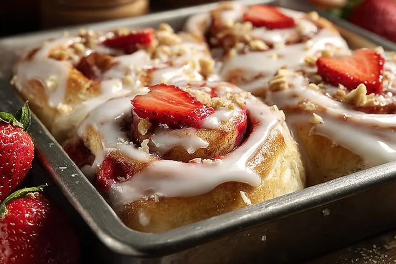 Strawberry cheesecake cinnamon rolls topped with cream cheese frosting