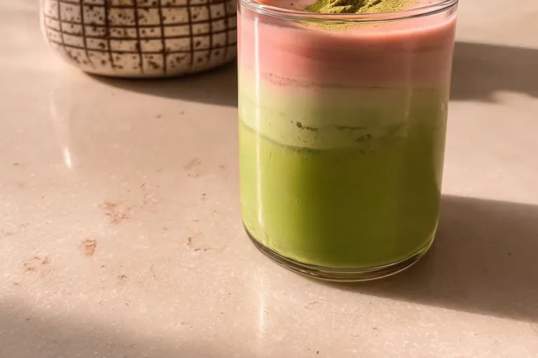 Refreshing Strawberry Matcha Latte in a glass with vibrant colors