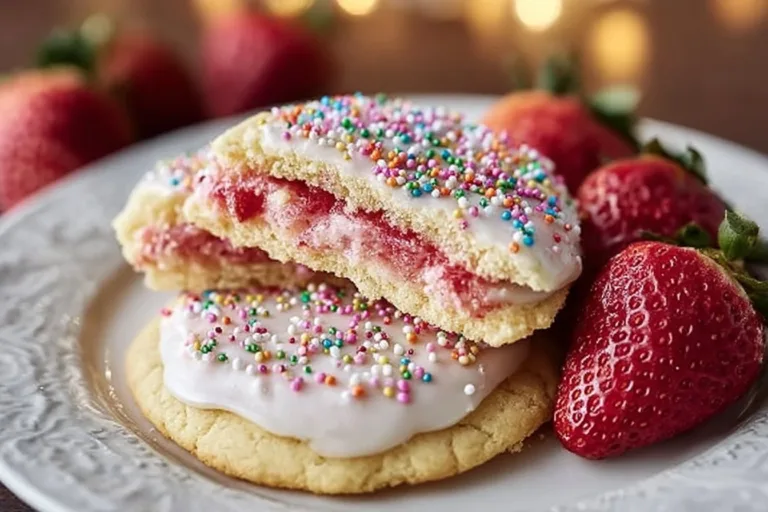 Delicious Strawberry Pop Tart Cookies with icing and sprinkles