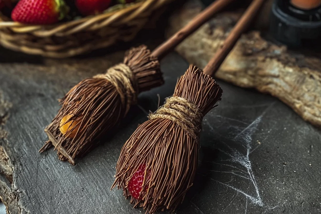 Colorful Strawberry Witch Brooms for festive and Halloween decorations