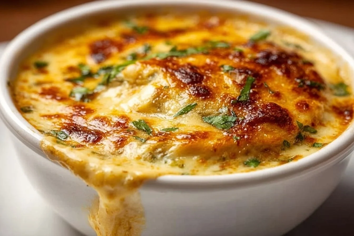 Delicious bowl of stuffed chile soup garnished with fresh herbs and cream.