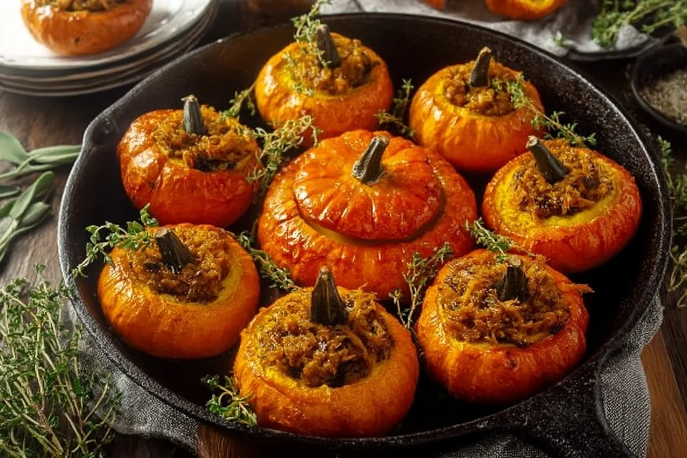 A delicious display of stuffed mini pumpkins, perfect for fall decorations.