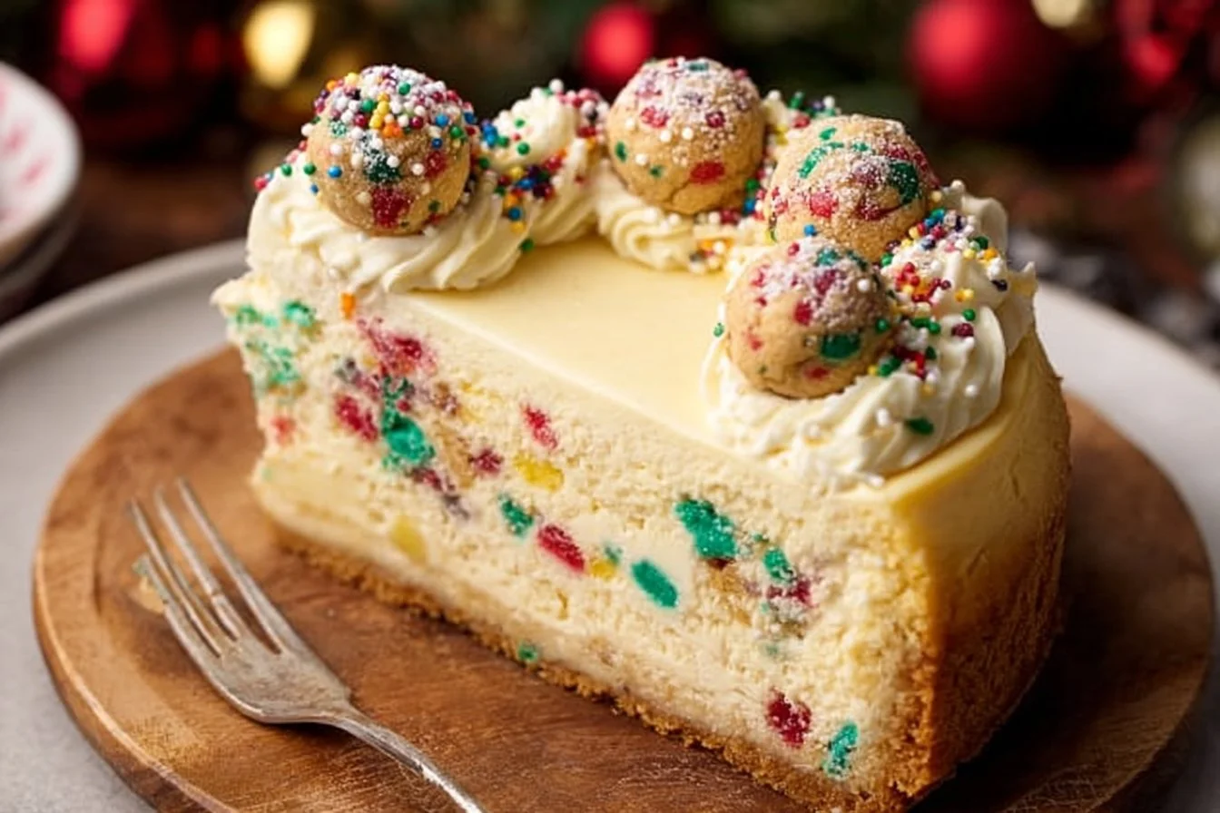 Delicious sugar cookie cheesecake topped with colorful sprinkles
