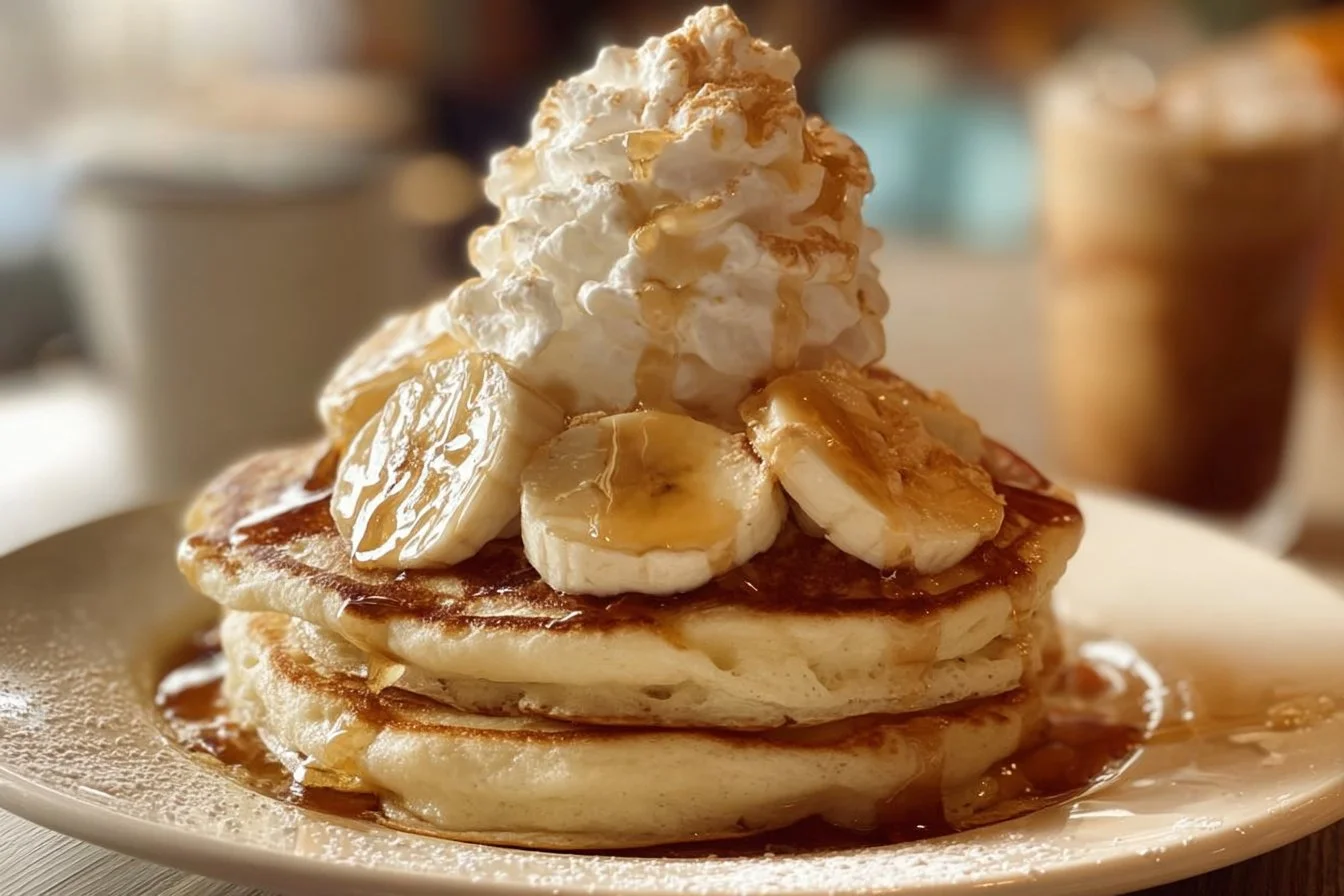 Fluffy sweet coconut cream pancakes topped with fresh fruit and syrup