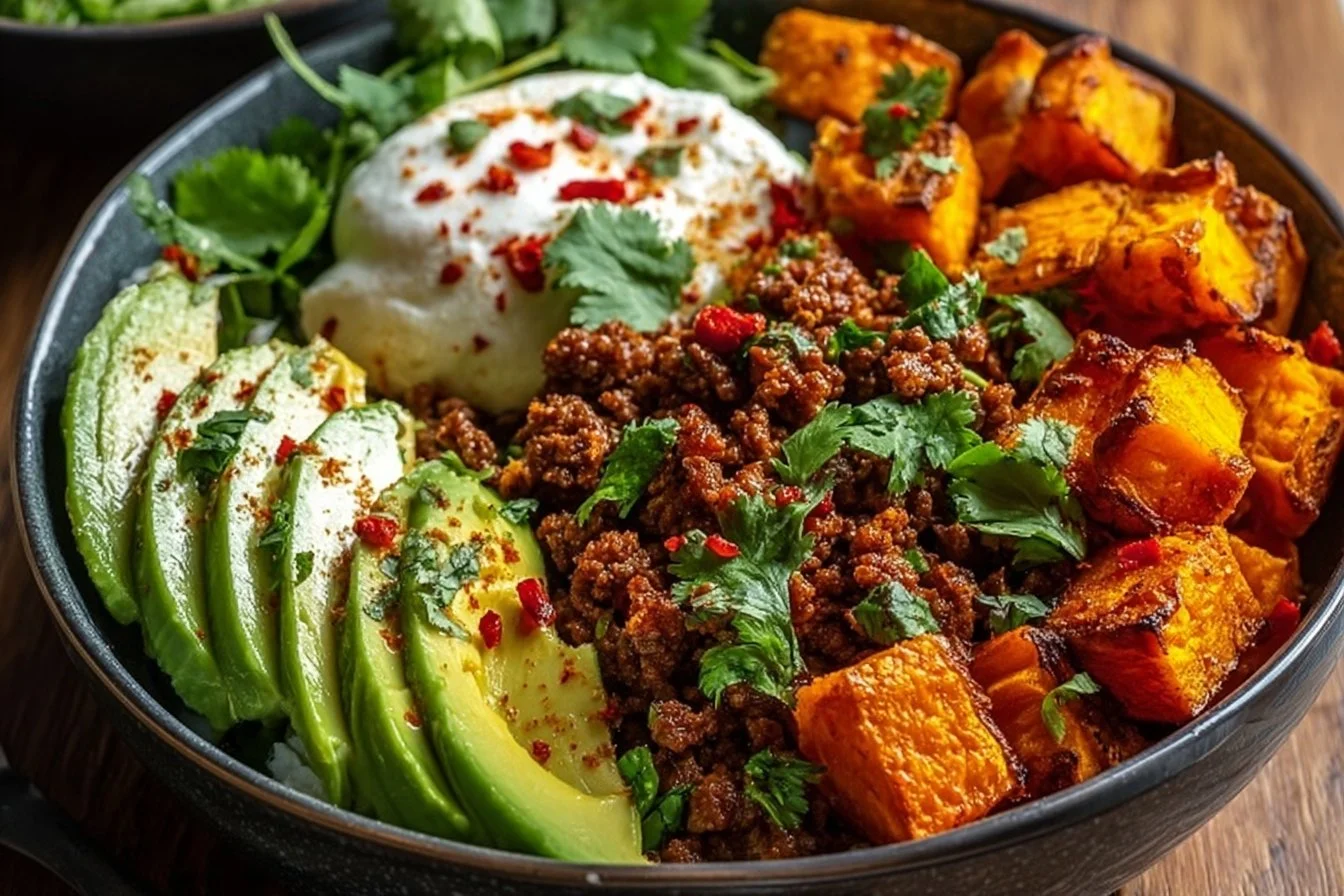Colorful sweet potato taco bowl with fresh toppings and ingredients.