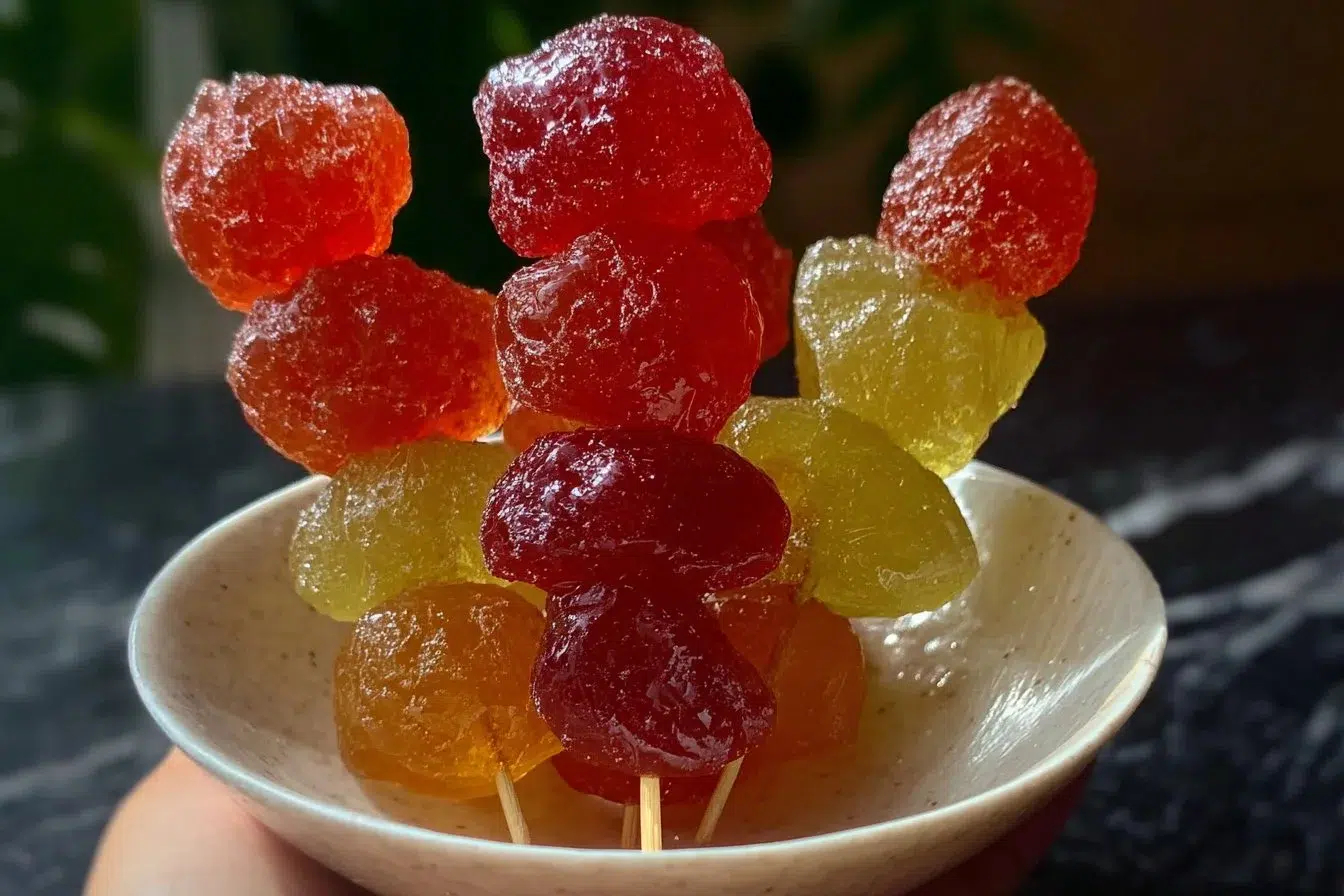 Delicious Tanghulu, traditional Chinese candied fruit, on a stick.