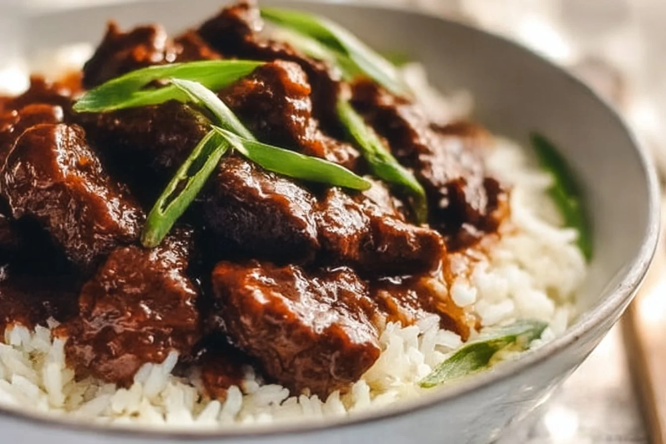 Delicious slow cooker Mongolian beef dish served with rice and vegetables, ideal for a hearty meal.