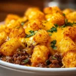Delicious Tater Tot Casserole fresh out of the oven, ready to serve.