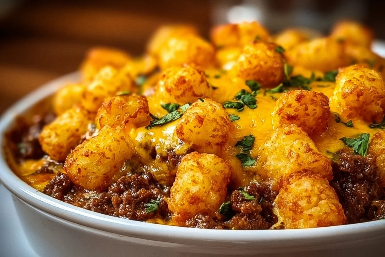 Delicious Tater Tot Casserole fresh out of the oven, ready to serve.