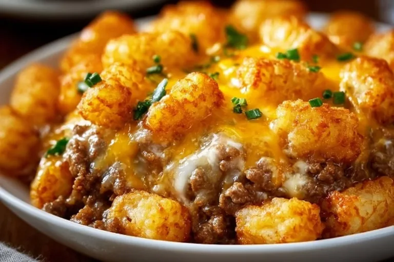 Delicious tater tot casserole baked to perfection with savory ingredients