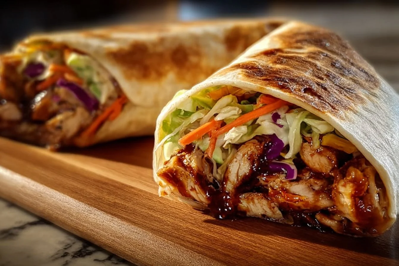 Teriyaki chicken wrap filled with fresh vegetables and delicious sauce
