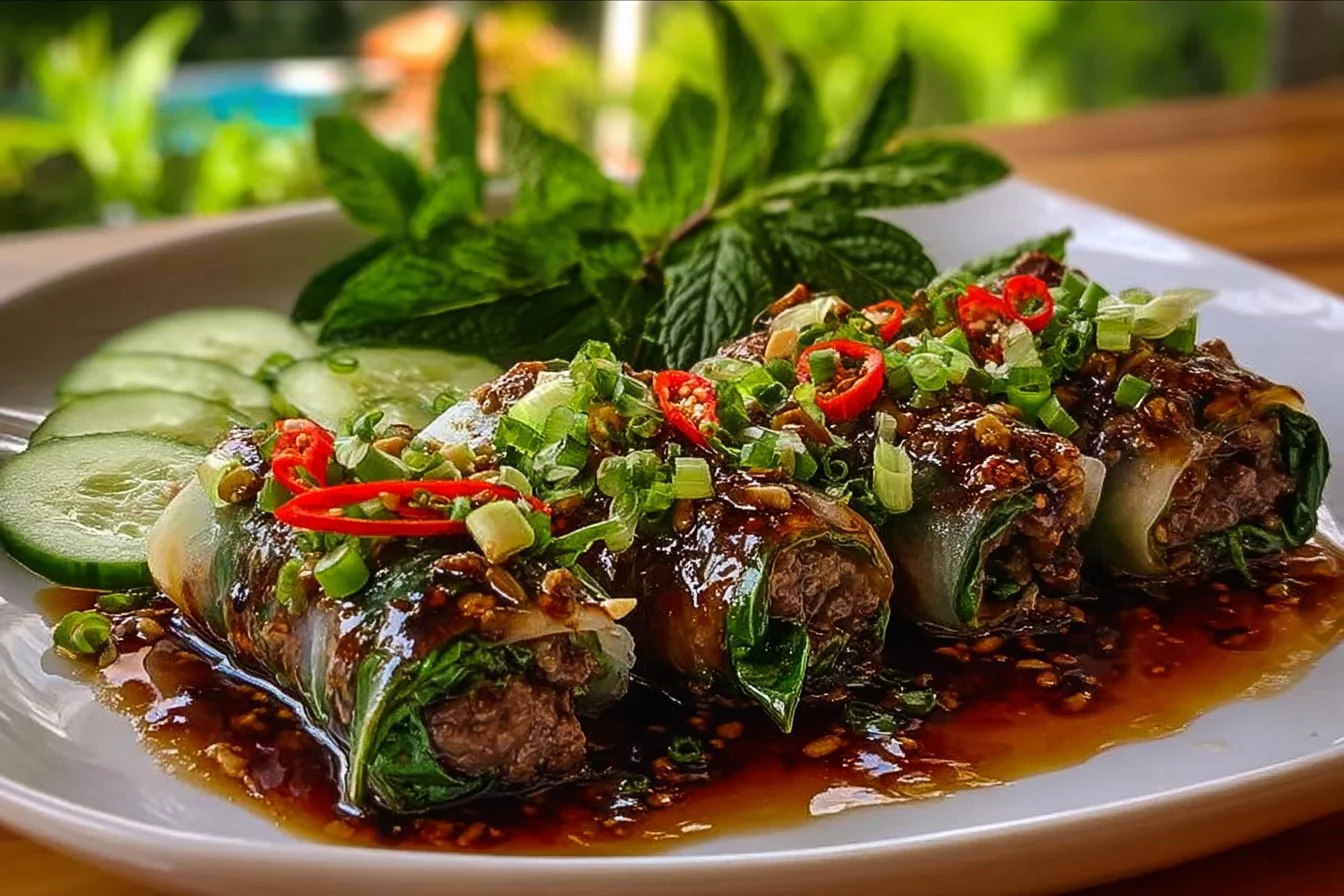 Delicious Thai Basil Beef Rolls served on a plate with fresh herbs.