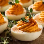 Thanksgiving deviled eggs filled with savory ingredients on a festive table