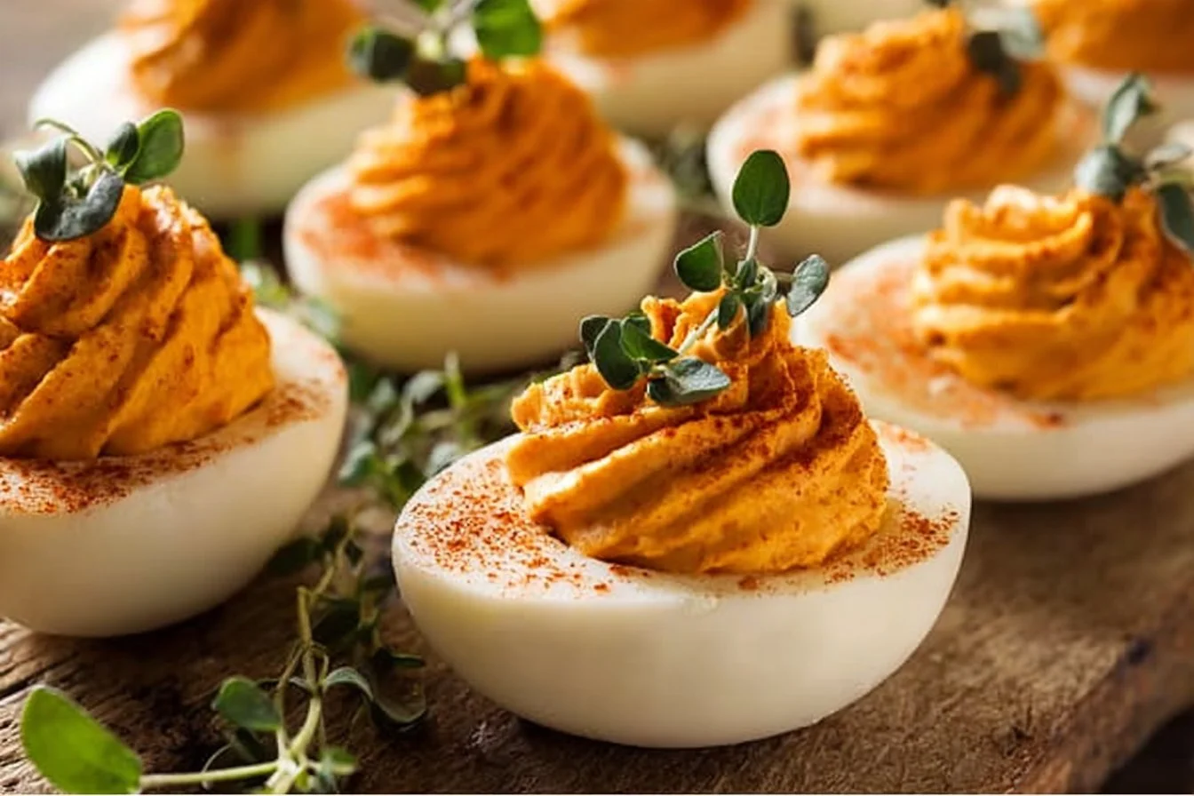 Thanksgiving deviled eggs filled with savory ingredients on a festive table