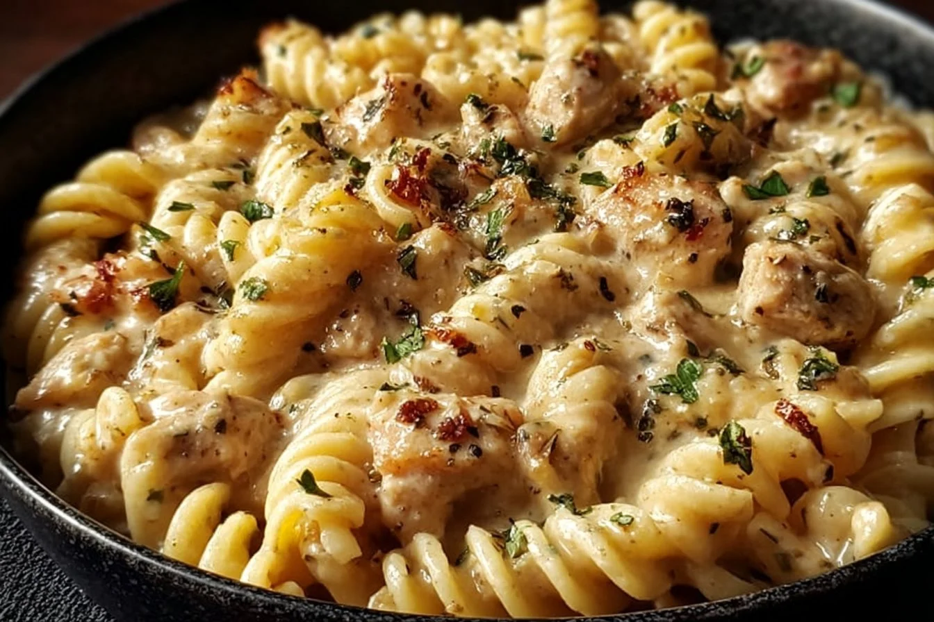 Crockpot garlic parmesan chicken pasta with creamy sauce and garnished herbs