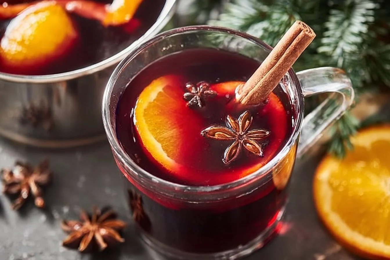 A warm cup of mulled wine with spices and citrus, perfect for cozy evenings.