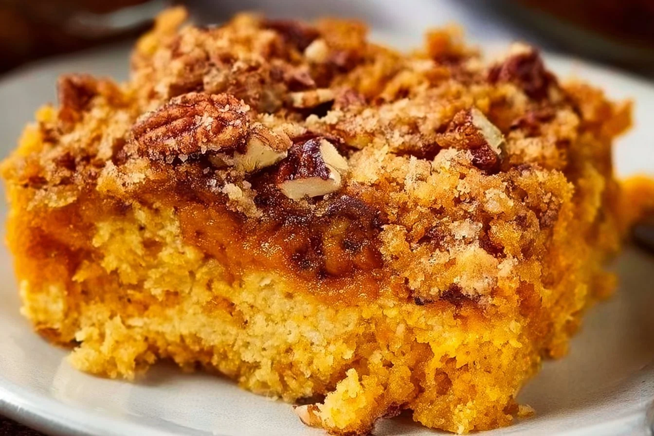 Delicious pumpkin dump cake served with a scoop of whipped cream