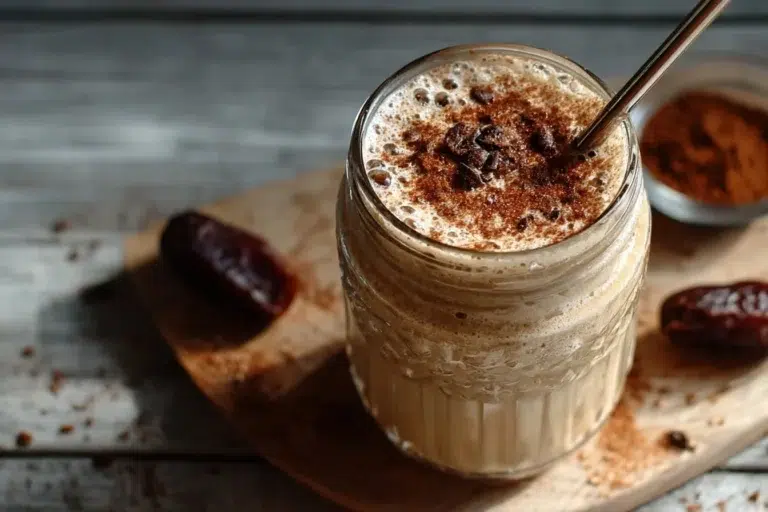 Delicious tahini coffee shake served in a glass with a sprinkle of cocoa on top.