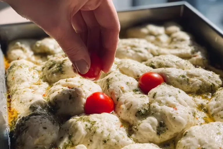 Golden brown no-knead focaccia bread topped with herbs and olive oil