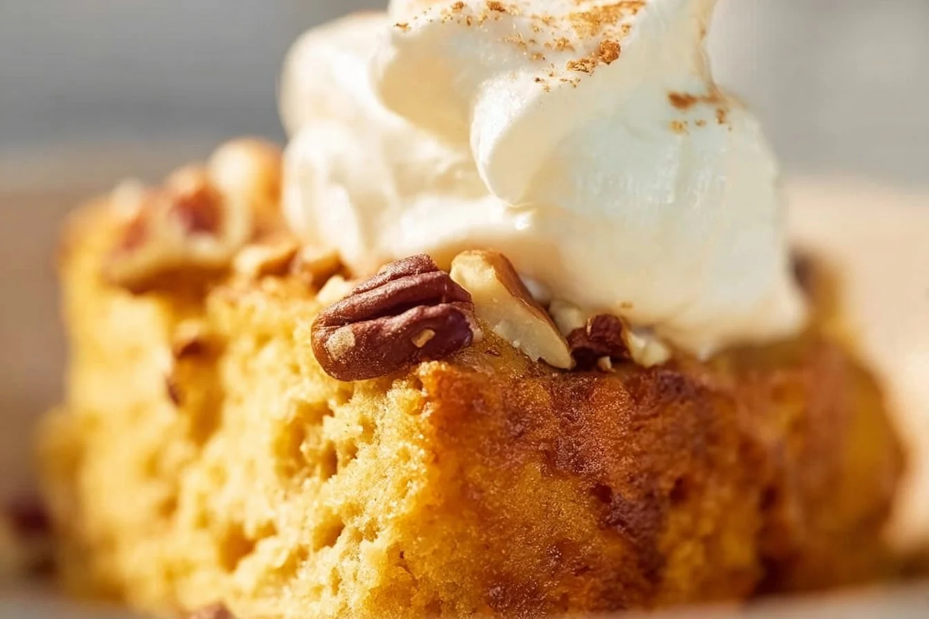 Delicious pumpkin dump cake served in a cozy fall setting