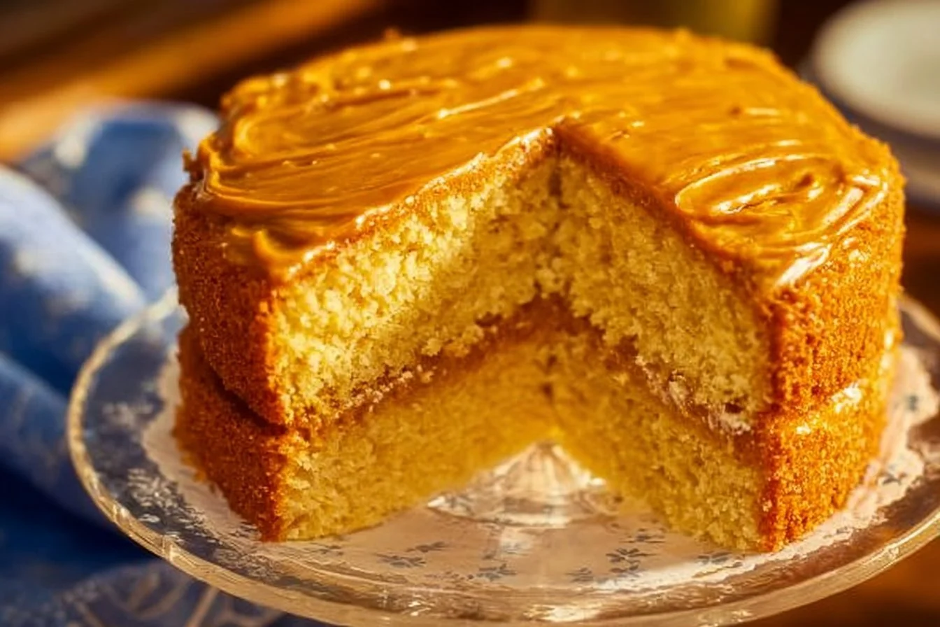 Delicious caramel cake topped with rich caramel drizzle and a slice on a plate