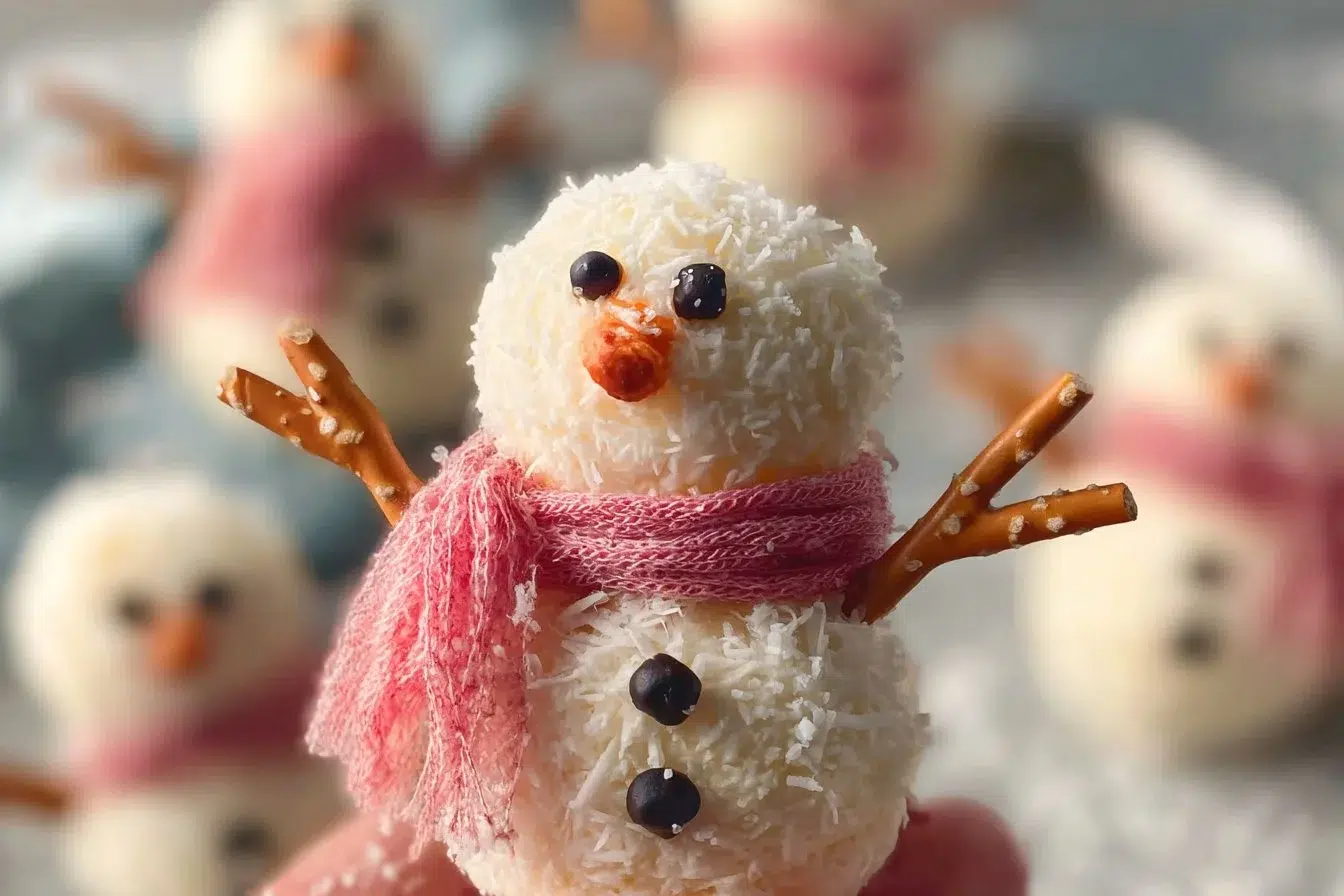 Delicious no-bake snowmen truffles decorated for the holidays