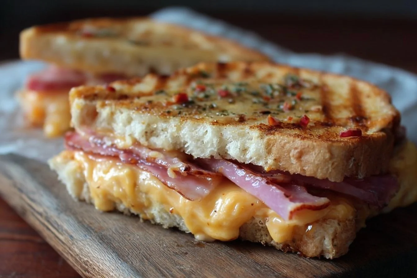 Delicious toast topped with chili mayo, cheese, and ham.