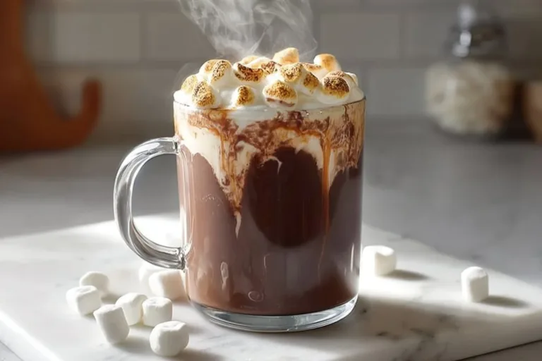 Toasted Marshmallow Hot Chocolate Cocktail garnished with marshmallows.