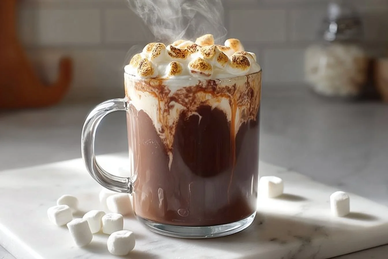 Toasted Marshmallow Hot Chocolate Cocktail garnished with marshmallows.