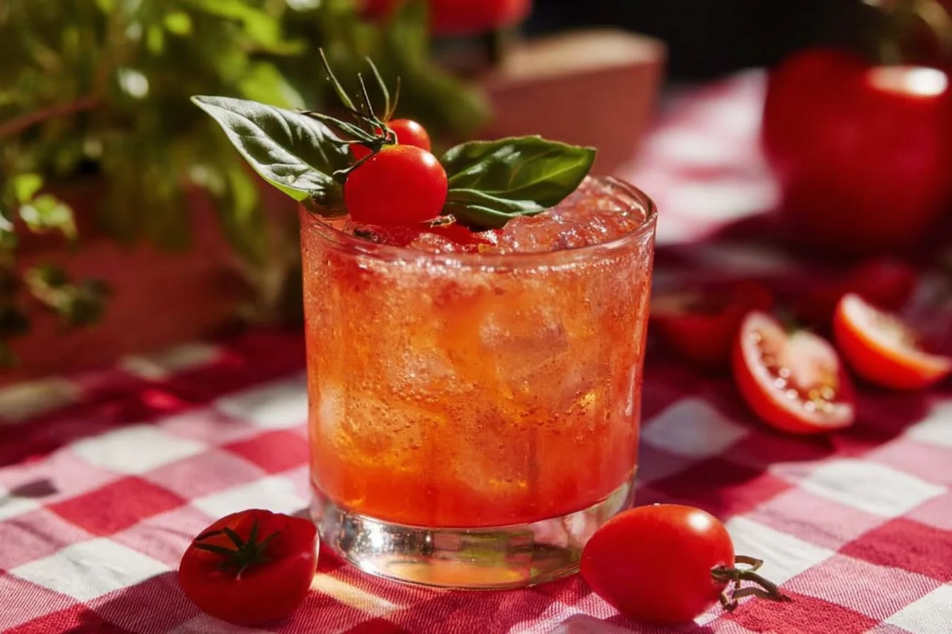 Refreshing Tomato Margarita cocktail garnished with fresh herbs